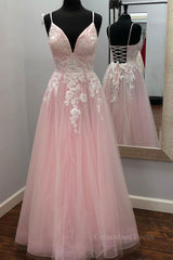 Classy Prom Dress, A Line V Neck Pink Lace Floral Long Prom Dress, Pink Lace Formal Dress, Pink Evening Dress