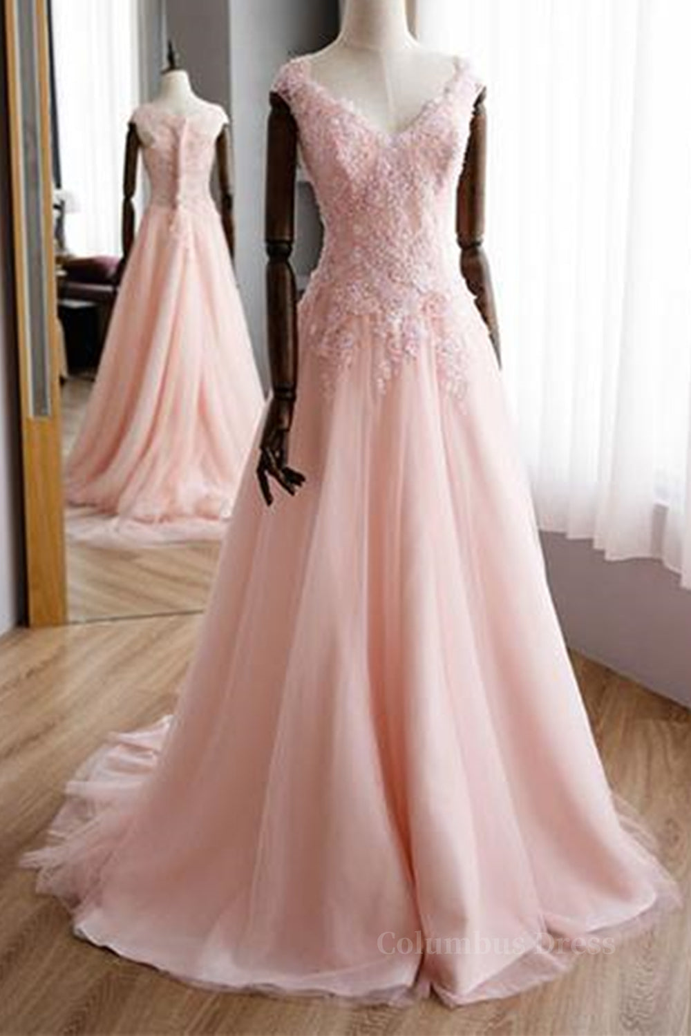 Formal Dresses Ball Gown, A Line V Neck Pink Lace Long Prom Dresses, Pink Lace Formal Graduation Evening Dresses