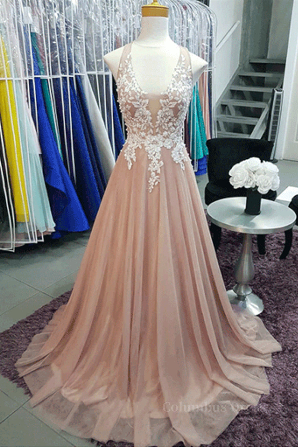 Formal Dresses Online, A Line V Neck Pink Lace Long Prom Dresses, V Neck Pink Formal Dresses, Pink Lace Evening Dresses