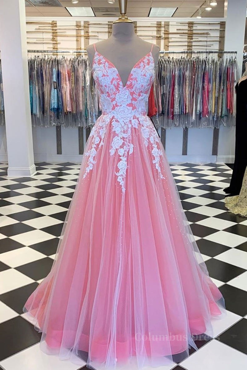 Sparklie Prom Dress, A Line V Neck Pink Long Prom Dress with Lace Appliques, V Neck Pink Formal Dress, Pink Evening Dress