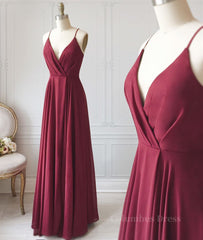 Bridesmaids Dress Under 103, A Line V Neck Pleated Burgundy Long Prom Dress, V Neck Burgundy Long Evening Dress, Burgundy Graduation Dress, Formal Dress