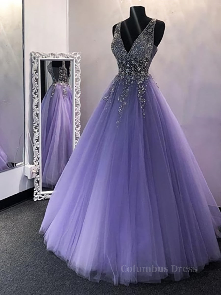 Short Wedding Dress, A Line V Neck Purple Beaded Long Prom Dresses, Lilac Long Formal Evening Dresses with Beadings