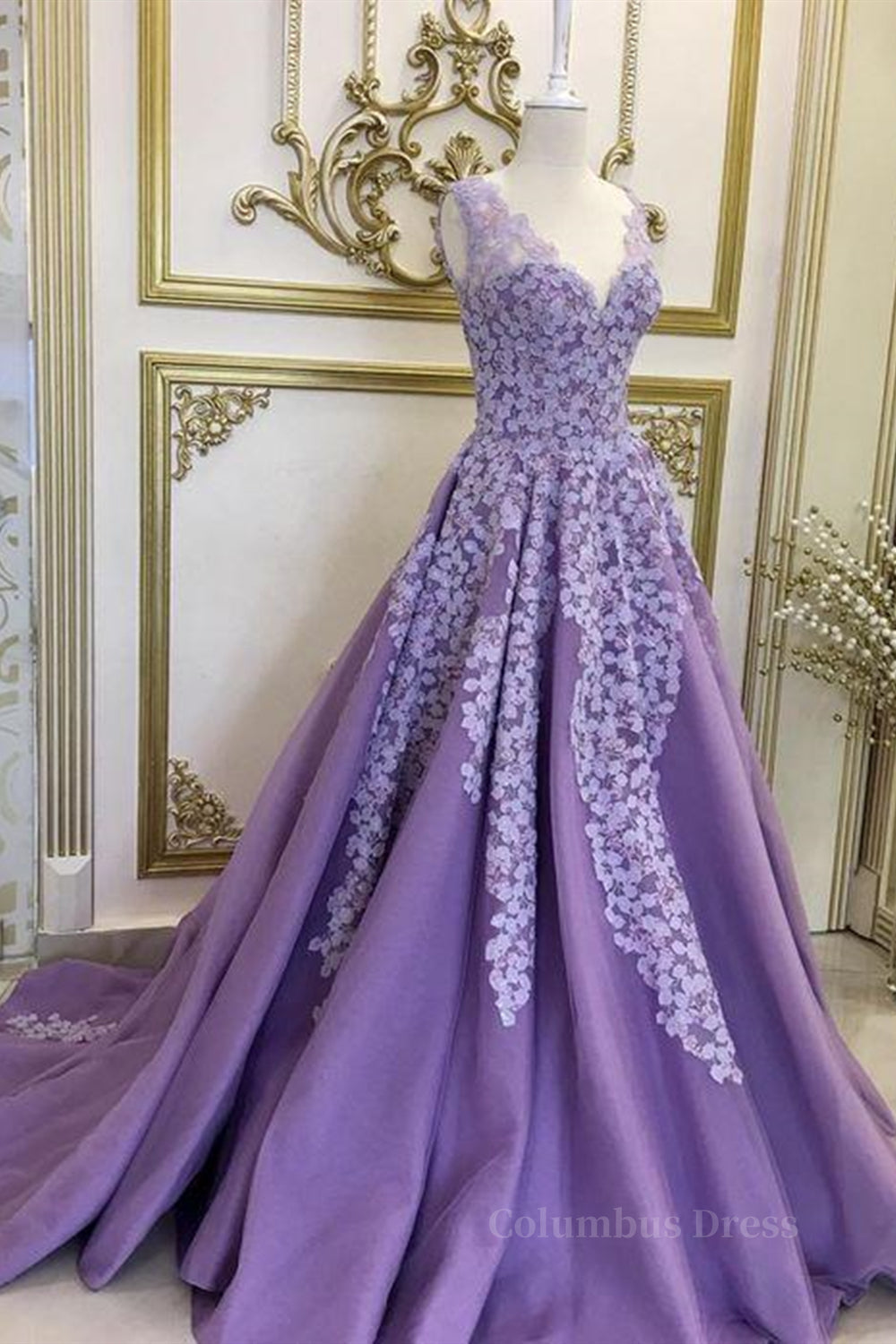 Formal Dress Black, A Line V Neck Purple Long Prom Dresses with Lace Appliques, V Neck Purple Formal Evening Dresses