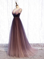Party Dresses Vintage, A Line V Neck Purple Ombre Prom Dresses, V Neck Purple Ombre Formal Evening Bridesmaid Dresses