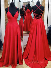 Rustic Wedding, A Line V Neck Red Backless Long Prom Dresses, Red A Line V Neck Open Back Formal Evening Dresses