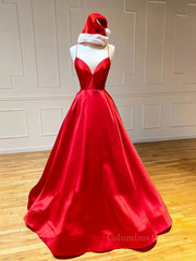 Party Dresses Fall, A Line V Neck Red Backless Prom Dresses, Red Backless Long Formal Evening Graduation Dresses