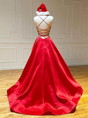Party Dress For Ladies, A Line V Neck Red Backless Prom Dresses, Red Backless Long Formal Evening Graduation Dresses