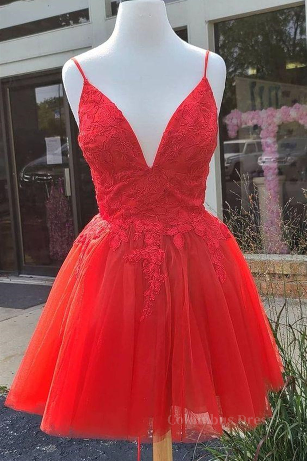 Wedding Flower, A Line V Neck Red Lace Short Prom Dress, Red Lace Homecoming Dress