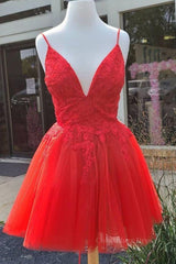 Wedding Flower, A Line V Neck Red Lace Short Prom Dress, Red Lace Homecoming Dress