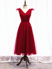 Party Dress White, A Line V Neck Red Tea Length Prom Dress with Corset Back, Red Tea Length Formal Graduation Dresses