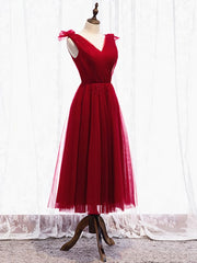 Party Dresses Pink, A Line V Neck Red Tea Length Prom Dress with Corset Back, Red Tea Length Formal Graduation Dresses