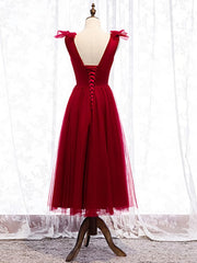 Party Dress Satin, A Line V Neck Red Tea Length Prom Dress with Corset Back, Red Tea Length Formal Graduation Dresses