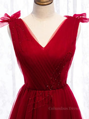 Party Dress India, A Line V Neck Red Tea Length Prom Dress with Corset Back, Red Tea Length Formal Graduation Dresses