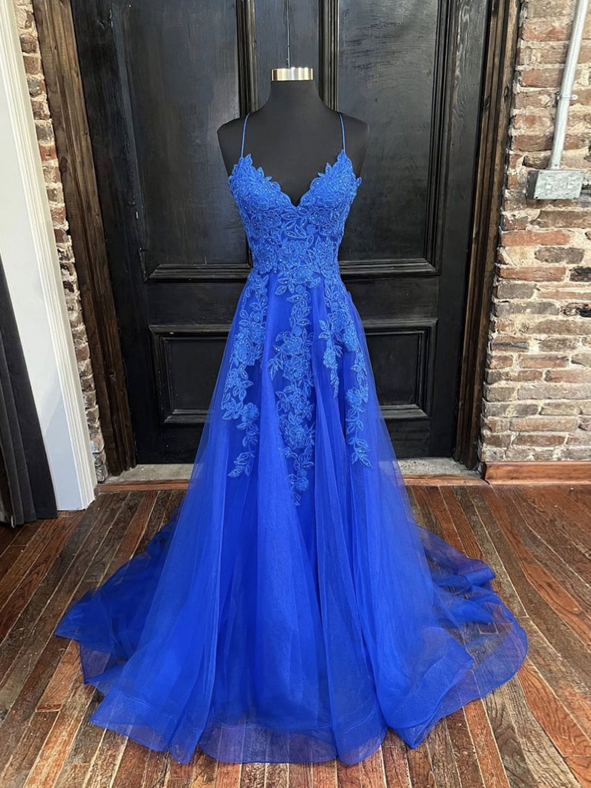 Formal Dresses For Teens, A Line V Neck Royal Blue Lace Prom Dresses, Royal Blue Lace Formal Evening Dresses
