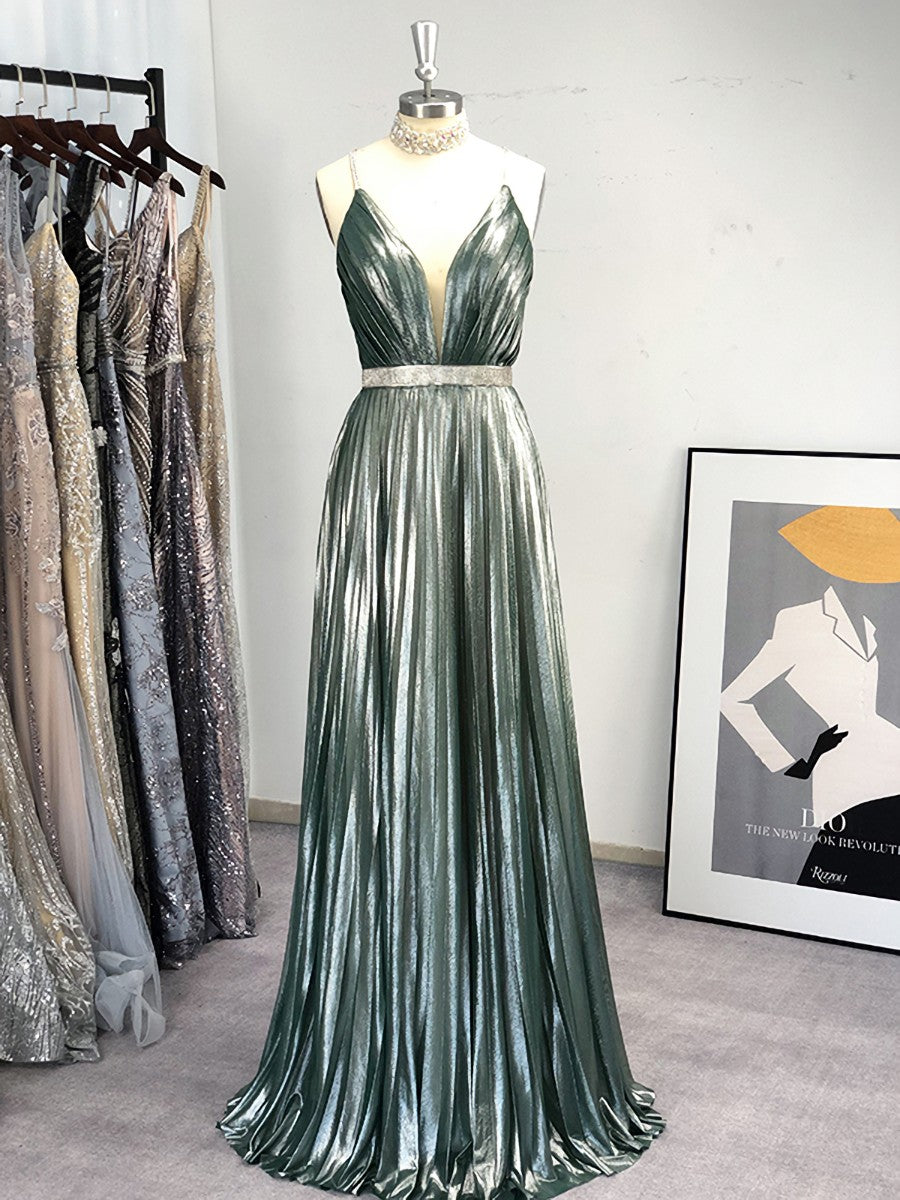 Bridesmaids Dresses Green, A-line V-neck Ruffles Floor-Length Dress