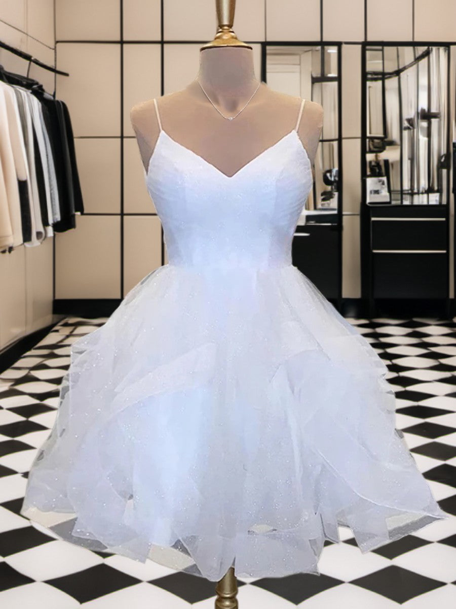 Bridesmaids Dresses Online, A-line V-neck Ruffles Short/Mini Tulle Dress