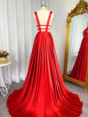 Bridesmaid Dresses Shop, A-line V-neck Ruffles Sweep Train Elastic Woven Satin Dress