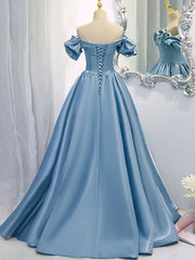 Prom Dresses For Blondes, A-Line V Neck Satin Blue Long Prom Dress, Blue Formal Evening Dresses