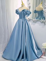 Prom Dress Corset, A-Line V Neck Satin Blue Long Prom Dress, Blue Formal Evening Dresses