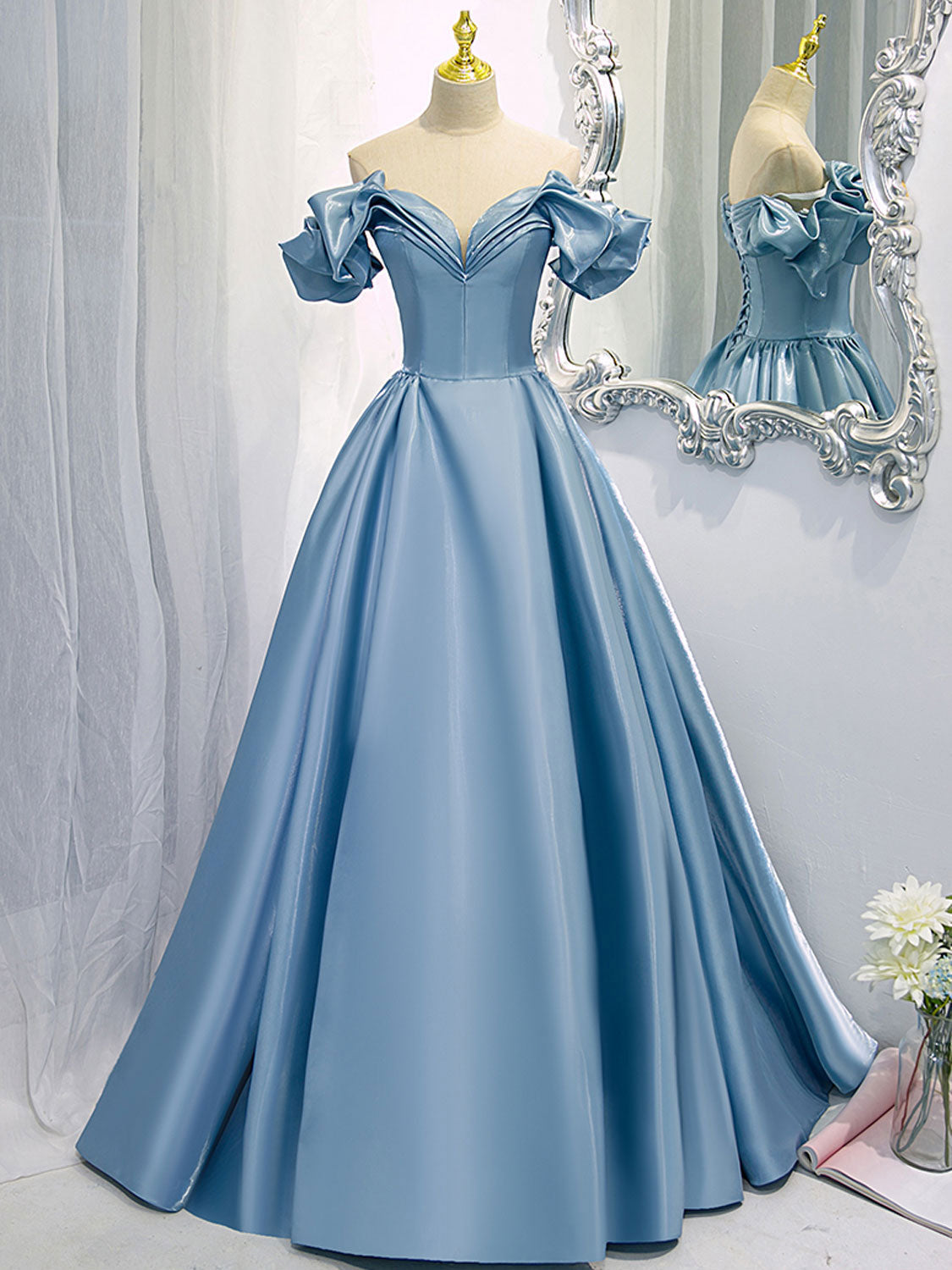 Prom Dresses For Warm Weather, A-Line V Neck Satin Blue Long Prom Dress, Blue Formal Evening Dresses