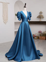 Prom Dresses Curvy, A-Line V Neck Satin Long Prom Dresses, Blue Satin Long Evening Dress