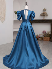 Prom Dress Curvy, A-Line V Neck Satin Long Prom Dresses, Blue Satin Long Evening Dress