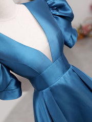 Prom Dress Open Back, A-Line V Neck Satin Long Prom Dresses, Blue Satin Long Evening Dress