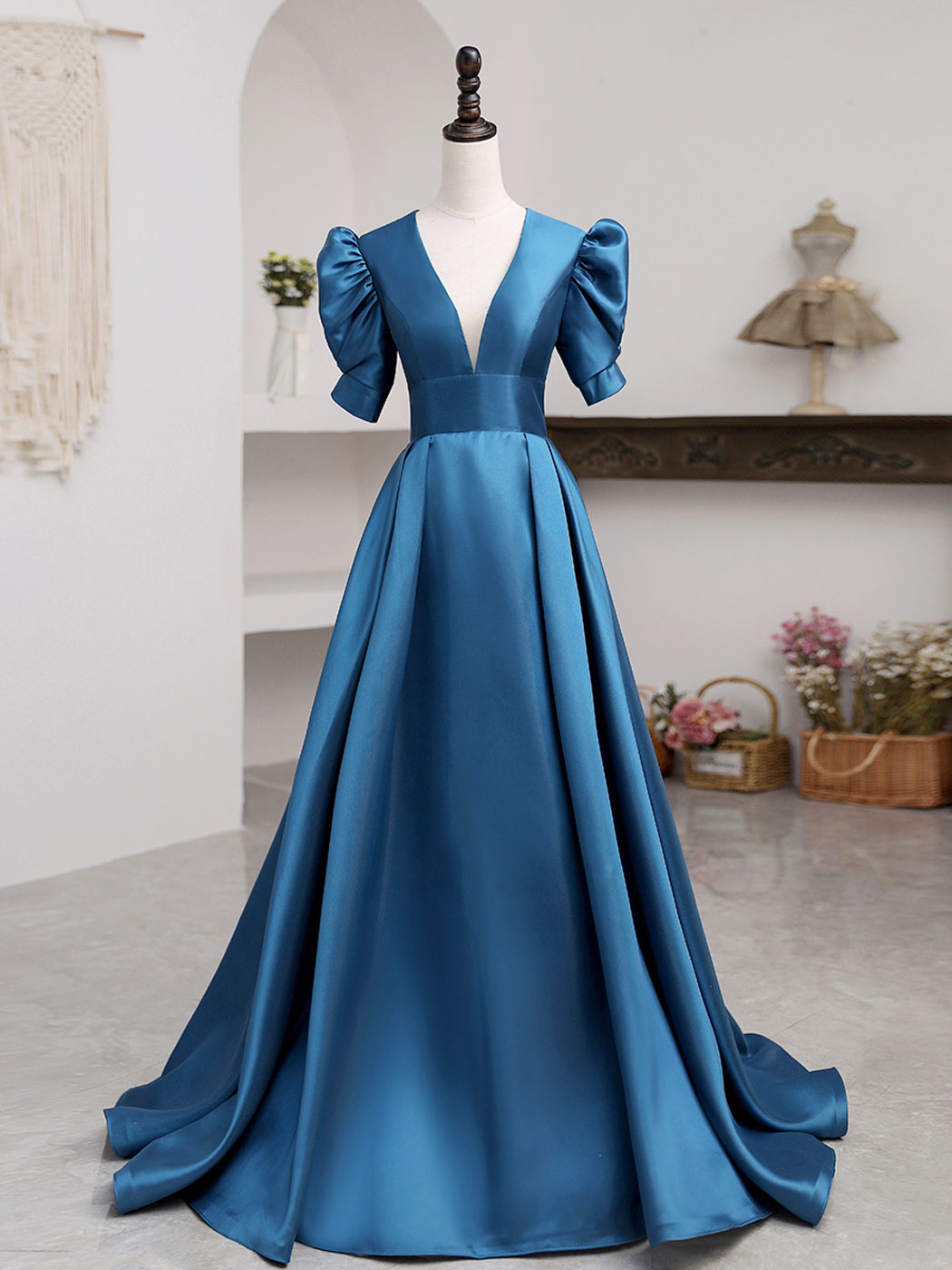 Prom Dresses Modest, A-Line V Neck Satin Long Prom Dresses, Blue Satin Long Evening Dress