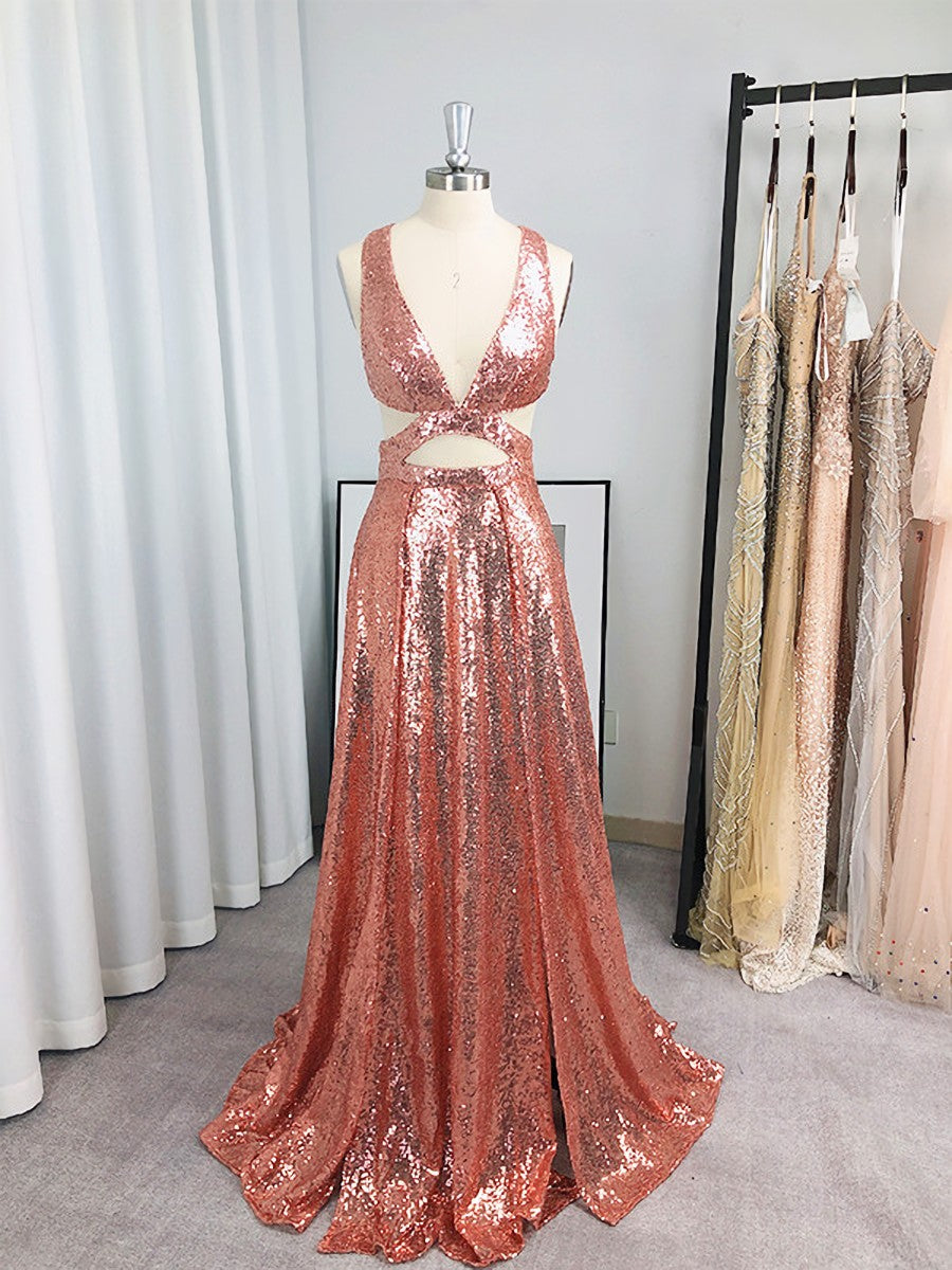 Bridesmaid Dress Under 117, A-line V-neck Sequin Floor-Length Sequins Dress