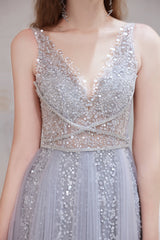 Homecoming Dresses Websites, A Line V-neck Shiny Sequin Beaded Prom Dresses
