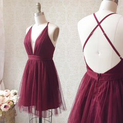 Prom Dressed Two Piece, A Line V Neck Short Burgundy Backless Prom Dresses, Short Burgundy Backless Formal Homecoming Dresses