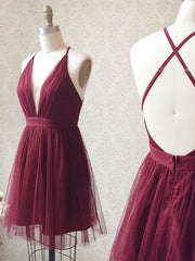 Prom Dresses Two Pieces, A Line V Neck Short Burgundy Backless Prom Dresses, Short Burgundy Backless Formal Homecoming Dresses