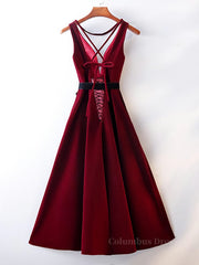 Cute Prom Dress, A Line V Neck Short Burgundy Prom Dresses, Wine Red Short Formal Graduation Homecoming Dresses