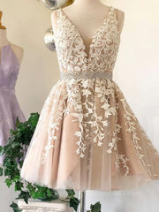 Wedding Dresses Online, A Line V Neck Short Champagne Lace Wedding Dresses, Short Champagne Lace Formal Prom Dresses