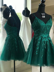 Elegant Dress, A Line V Neck Short Dark Green Lace Prom Dresses, Dark Green Lace Formal Homecoming Dresses