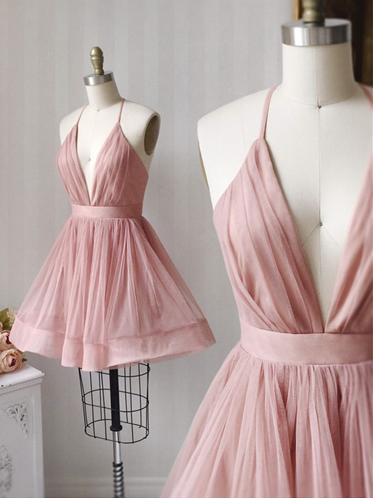 Graduation Dress, A Line V Neck Short Pink Tulle Prom Dresses, Short Pink Tulle Formal Homecoming Dresses