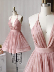 Graduation Dress, A Line V Neck Short Pink Tulle Prom Dresses, Short Pink Tulle Formal Homecoming Dresses