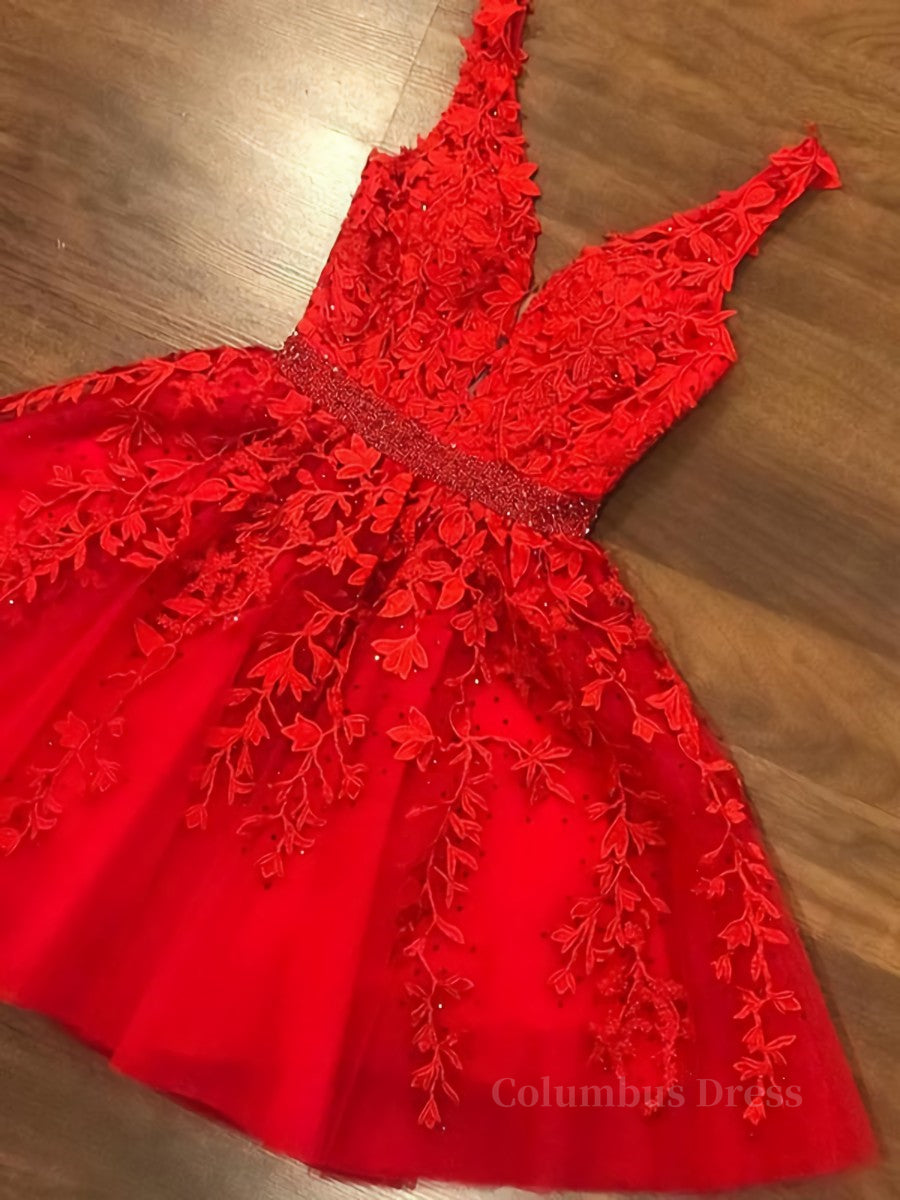 Garden Wedding, A Line V Neck Short Red Lace Prom Dresses, Short Red Lace Formal Homecoming Dresses