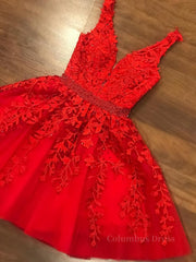 Garden Wedding, A Line V Neck Short Red Lace Prom Dresses, Short Red Lace Formal Homecoming Dresses