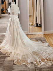 Wedding Dresses Online, A-line V-neck Short Sleeves Appliques Lace Sweep Train Tulle Wedding Dress
