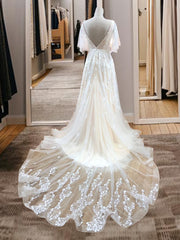 Wedding Dress Aesthetic, A-line V-neck Short Sleeves Appliques Lace Sweep Train Tulle Wedding Dress