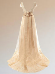 Wedding Dress Strapless, A-line V-neck Short Sleeves Sash/Ribbon/Belt Sweep Train Tulle Wedding Dress