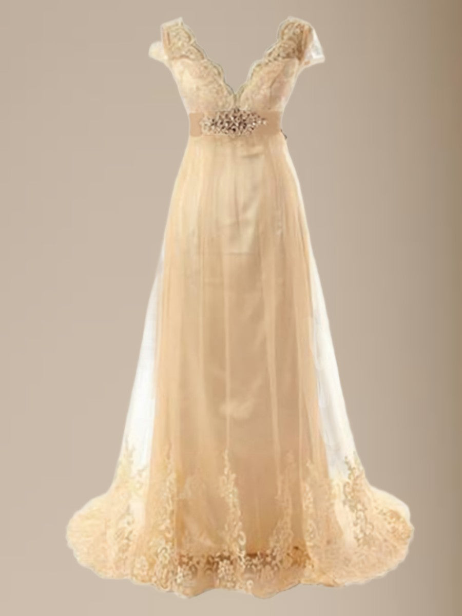 Wedding Dresses, A-line V-neck Short Sleeves Sash/Ribbon/Belt Sweep Train Tulle Wedding Dress