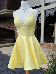 Formal Dress Style, A Line V Neck Short Yellow Prom Dresses, Short Yellow V Neck Graduation Homecoming Dresses
