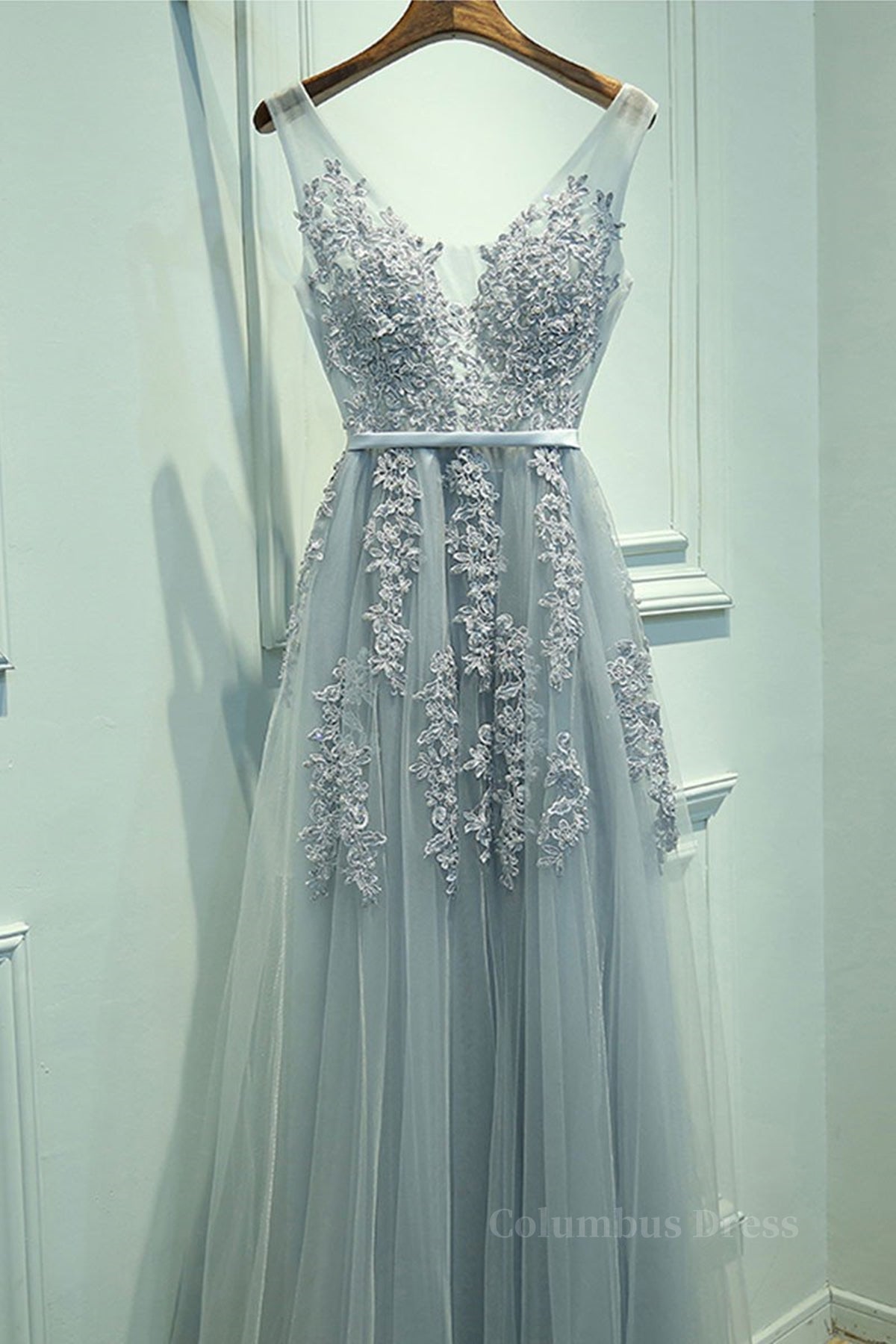 Party Dress Baby, A Line V Neck Silver Gray Lace Prom Dresses, Grey Lace Formal Evening Dresses