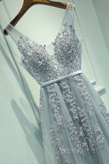 Casual Dress, A Line V Neck Silver Gray Lace Prom Dresses, Grey Lace Formal Evening Dresses