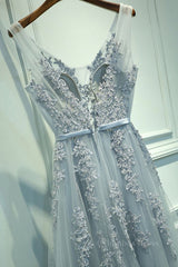 Party Dress Afternoon Tea, A Line V Neck Silver Gray Lace Prom Dresses, Grey Lace Formal Evening Dresses