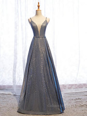 Bridesmaid Dresses Velvet, A Line V Neck Silver Gray Long Prom Dresses, Gray Long Formal Evening Dresses