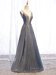 Bridal Dress, A Line V Neck Silver Gray Long Prom Dresses, Gray Long Formal Evening Dresses