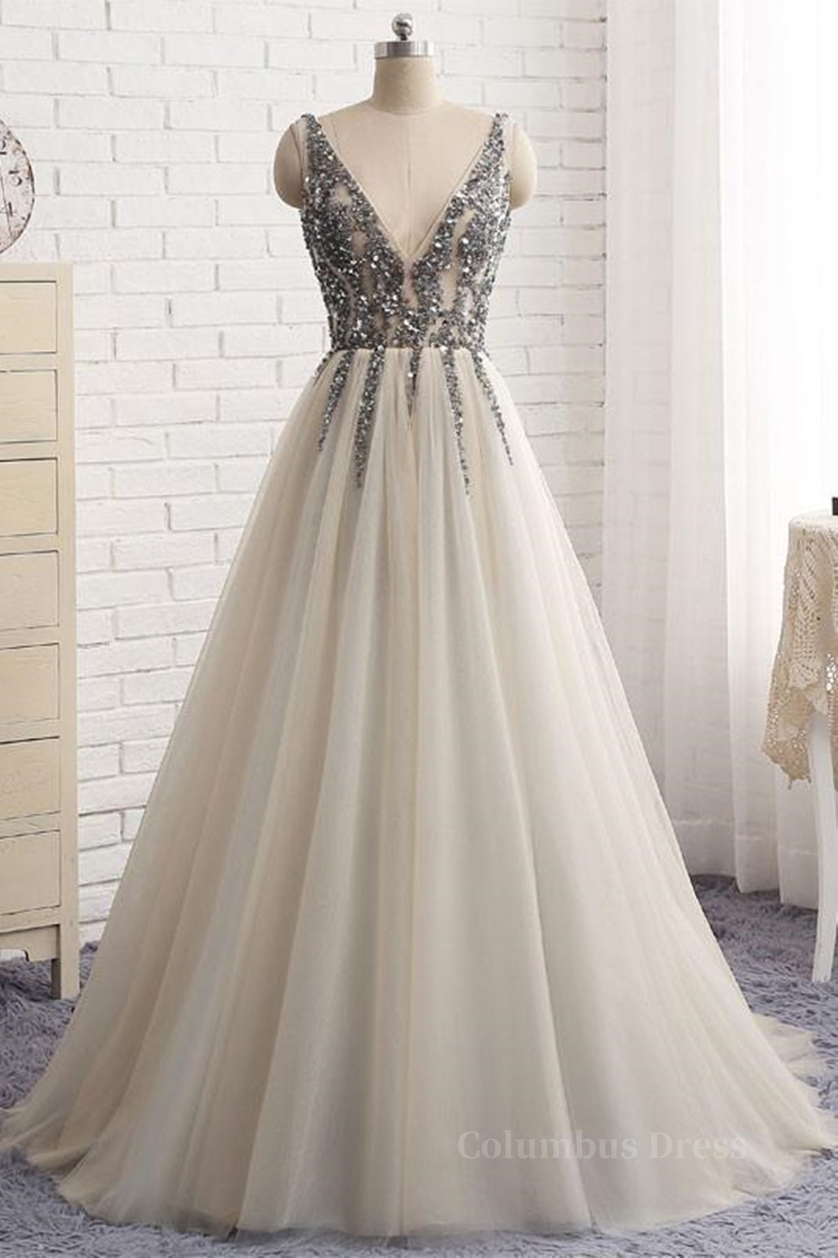 Modest Prom Dress, A Line V Neck Silver Gray Long Prom Dresses, Silver Grey Beaded Long Formal Evening Dresses